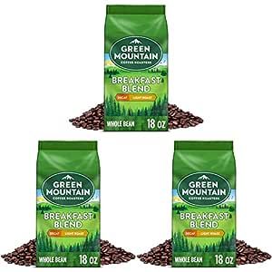 Green Mountain Coffee Roasters Breakfast Blend Decaf, Whole Bean Coffee, Light Roast, Bagged 18 oz (Pack of 3)
