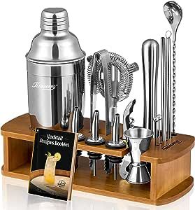 KITESSENSU Cocktail Shaker Set Bartender Kit with Stand | Bar Set Drink Mixer Set with All Essential Bar Accessory Tools: Martini Shaker, Jigger, Strainer, Mixer Spoon, Muddler, Liquor Pourers |Silver
