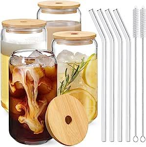 Drinking Glasses with Bamboo Lids and Glass Straw 4pcs Set - 16oz Can Shaped Glass Cups, Beer Glasses, Iced Coffee Glasses, Cute Tumbler Cup, Ideal for Cocktail, Whiskey, Gift - 2 Cleaning Brushes